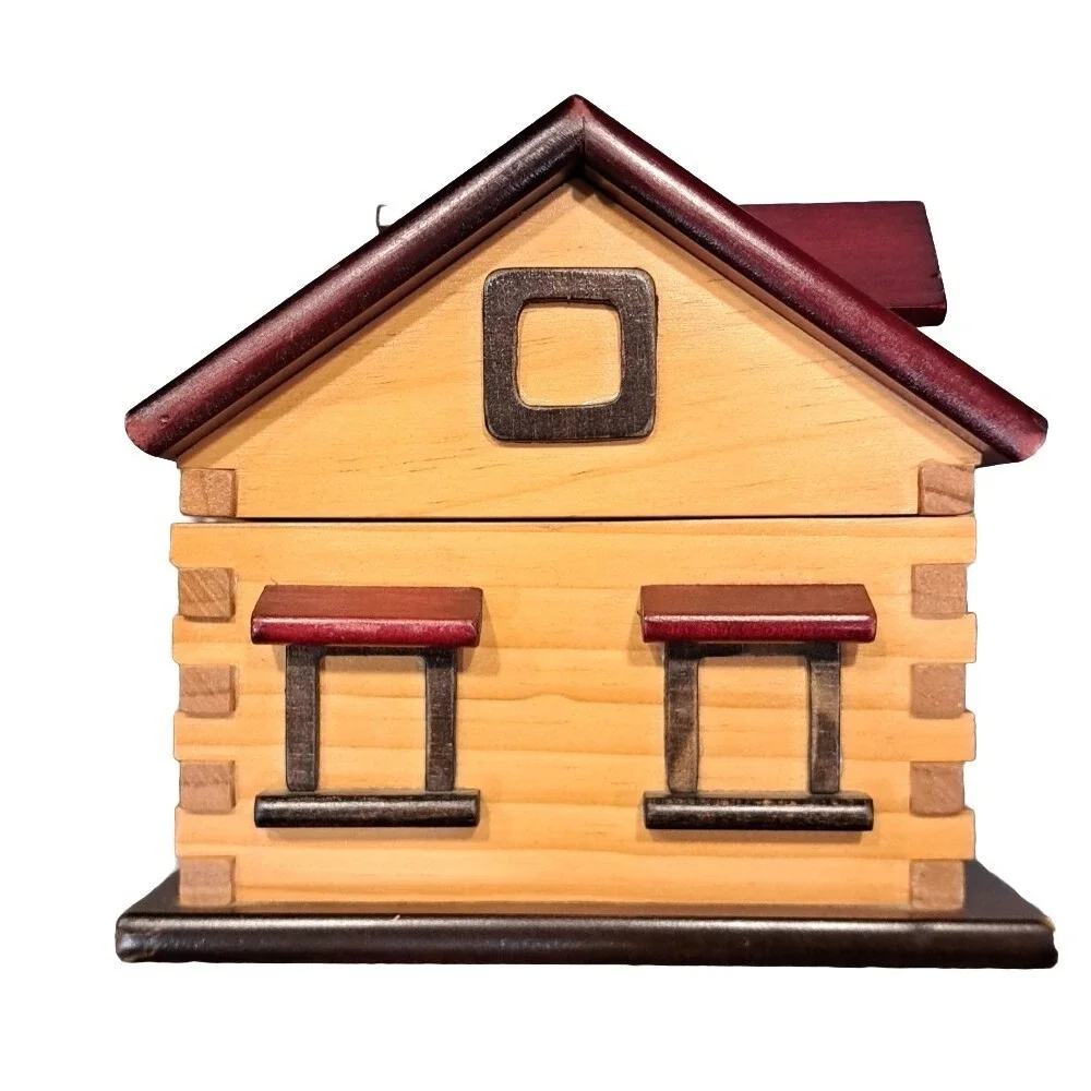 VTG Large Hand Crafted Log Cabin Storage Box 12in X 6 1/2in X 6in